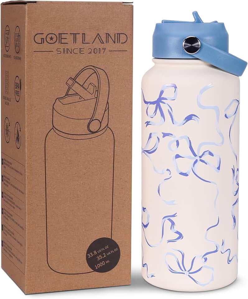 Goetland Schleifen Isolierte Trinkflasche Edelstahl 1l Wasserflasche mit Strohhalm Griff Doppelwandige Vakuumflasche Trinkbecher Auslaufsicher für Frauen und Männer Blau