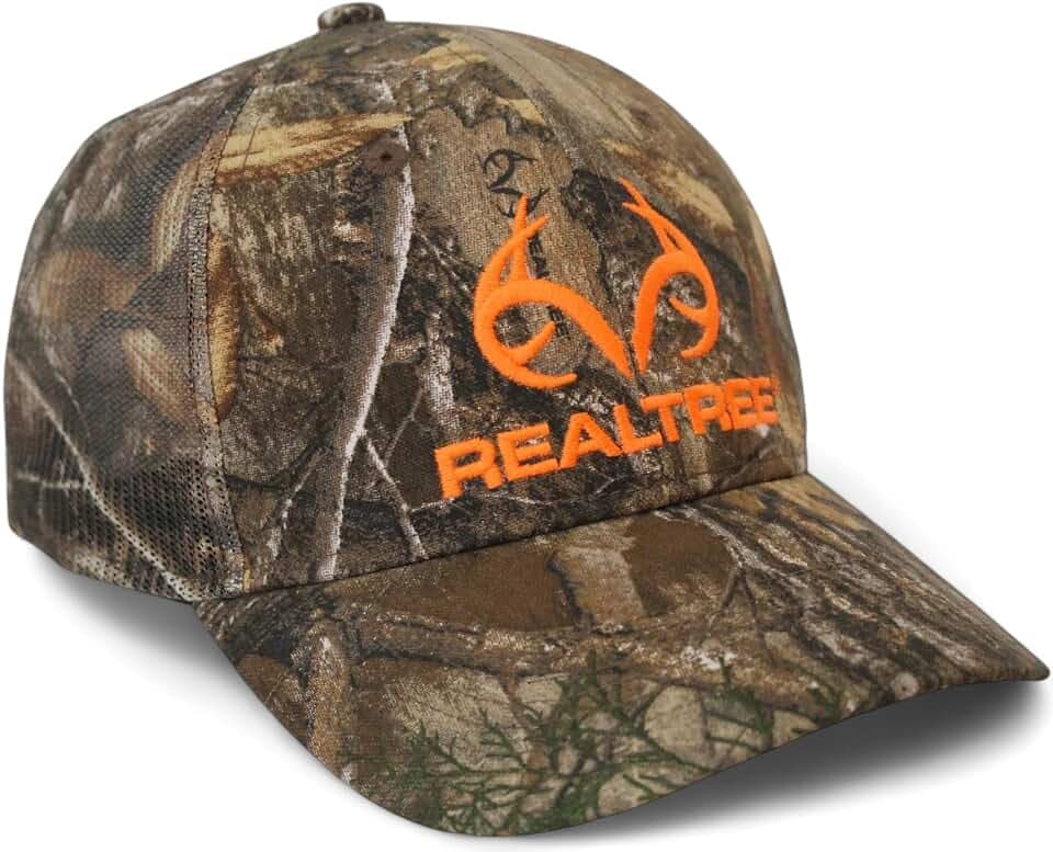 Realtree Edge Blaze Trucker-Kappe mit Logo, Netzstoff, Snapback, feuchtigkeitsableitendes Schweißband, strukturiertes Mittelprofil, vorgebogenes Visier, Camouflage-Kappe, Einheitsgröße/L