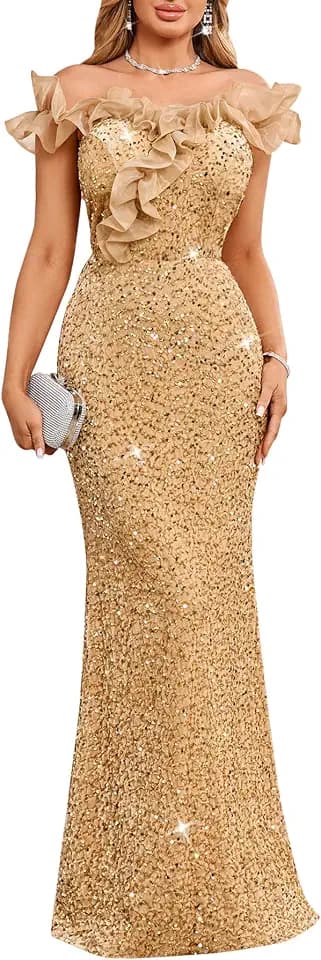 Cololura Women Sequin Off Shoulder Ruffle Mermaid Formal Dress Evening Gown