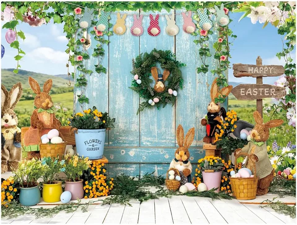 ChromaVerse 8X6FT Easter Photography Backdrop, Spring Bunny Theme with Rustic Wood Door, Flowers and Happy Easter Decoration CV-200