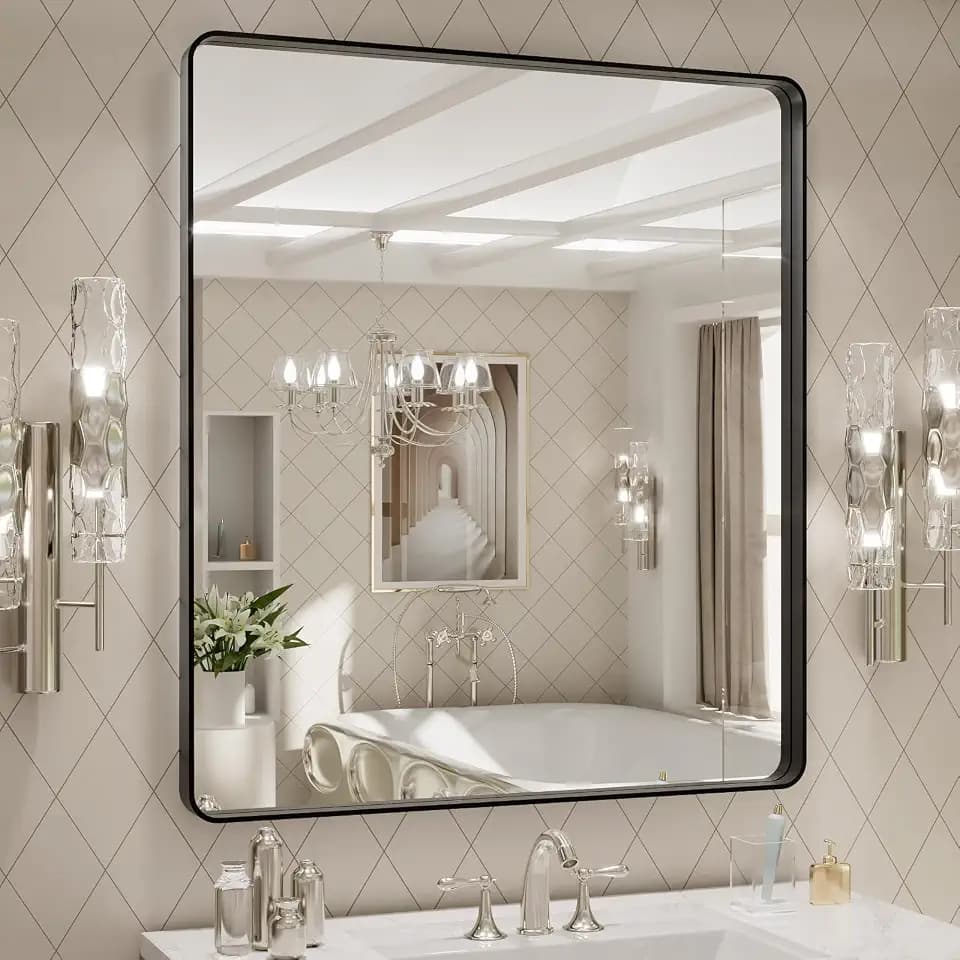 LOAAO 32x36 Inch Black Bathroom Mirror Metal Framed