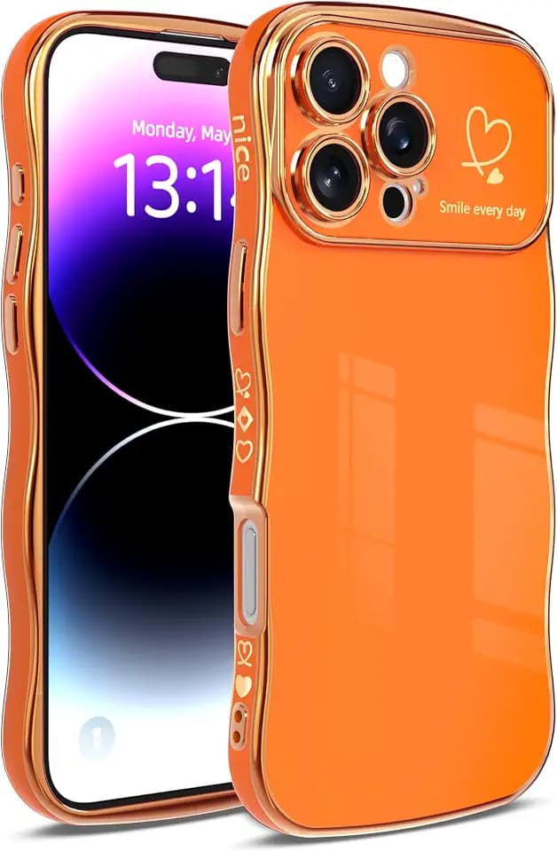 IAIYOXI for iPhone 14 Pro Case for Women & Girls - Cute Wave Design with Curly Shape, Heart Pattern, Raised Camera Protection, Luxury Plating, Shockproof（iPhone 14 Pro, Orange）