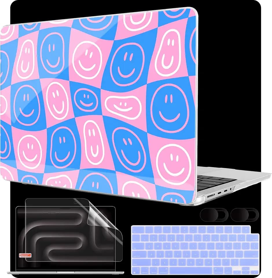 MEEgoodo Case for MacBook Pro 16 inch 2026 2024 2023 2021, Laptop Hard Shell Compatible with M5 M4 M3 M2 M1 Pro/Max Chip, Fit Model A3429/A3428/A3403/A3186/A2991/A2780/A2485, Smiling Faces & Checkered