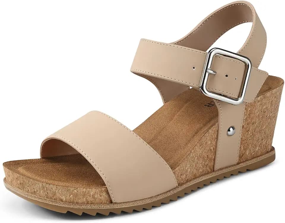 SHIBEVER Women's Wedge Sandals Dressy Comfortable Open Toe Cork Platform Ankle Strap Buckle Summer Casual Walking Shoes White Size 6