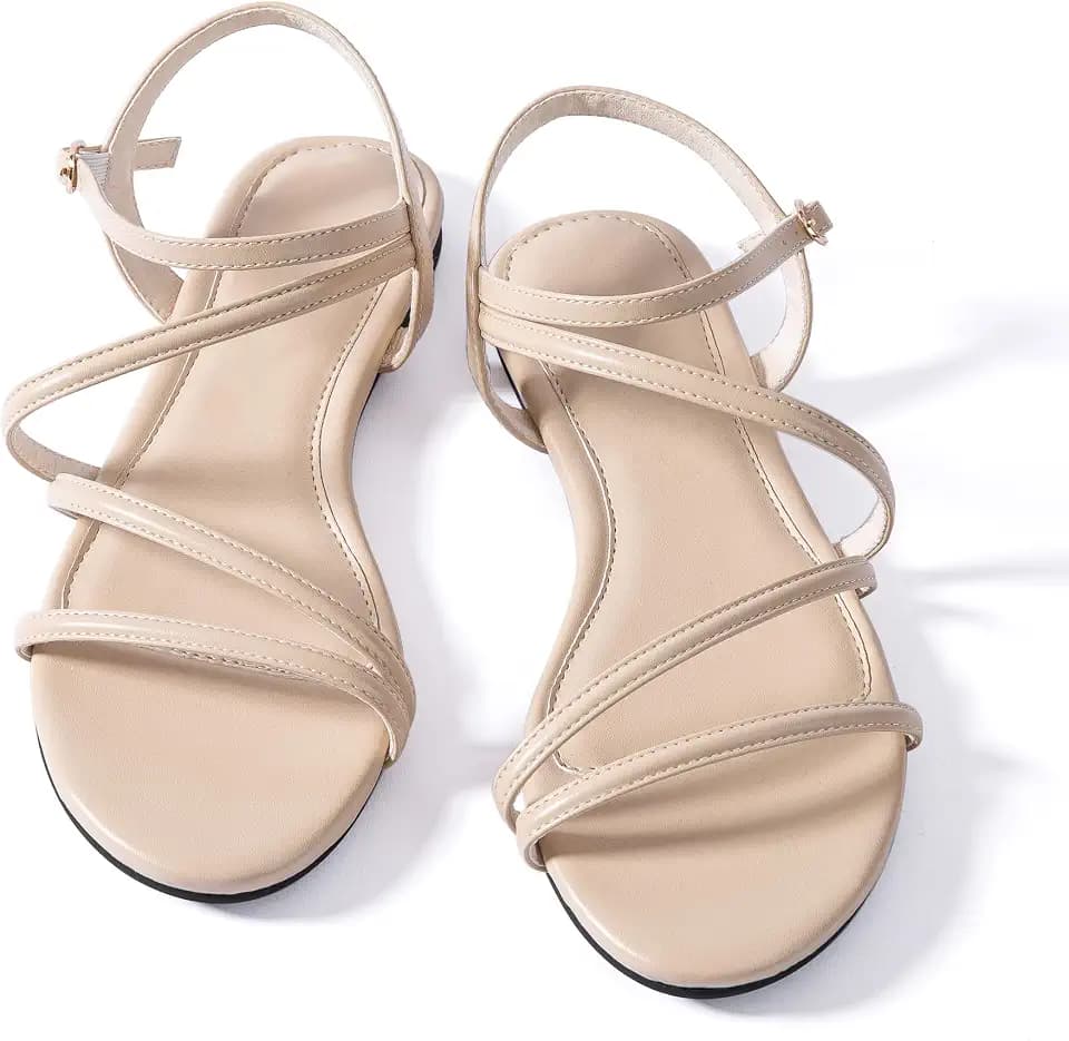 Mtzyoa Women Flat Sandals Dressy Strappy Gladiator Summer Ankle Strap Nude Open Toe Comfortable Wedding Casual Leather Ladies Party Trendy Vacation