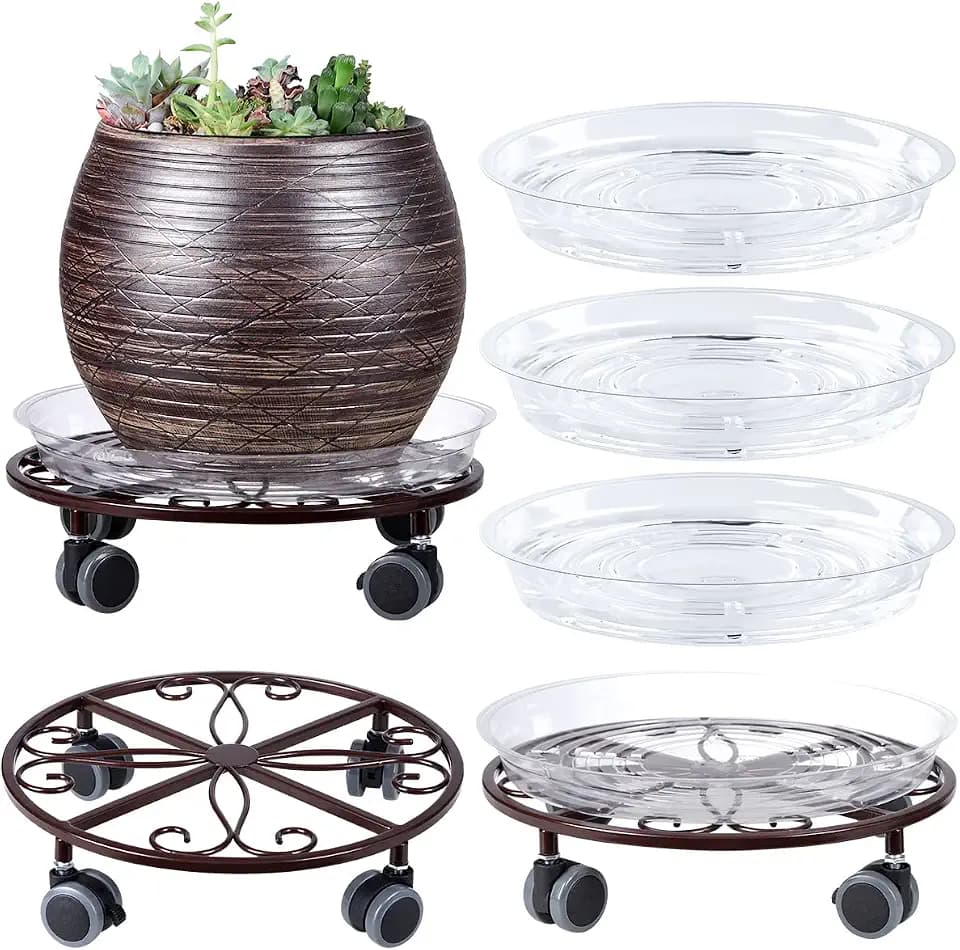 Planterhoma 3 Pack Plant Caddy with Wheels & Saucers, 11.8" Heavy Duty Metal Rolling Plant Stand, Plant Dolly with Lockable Casters, Rustproof Iron Planter Mover for Indoor Outdoor, Bronze