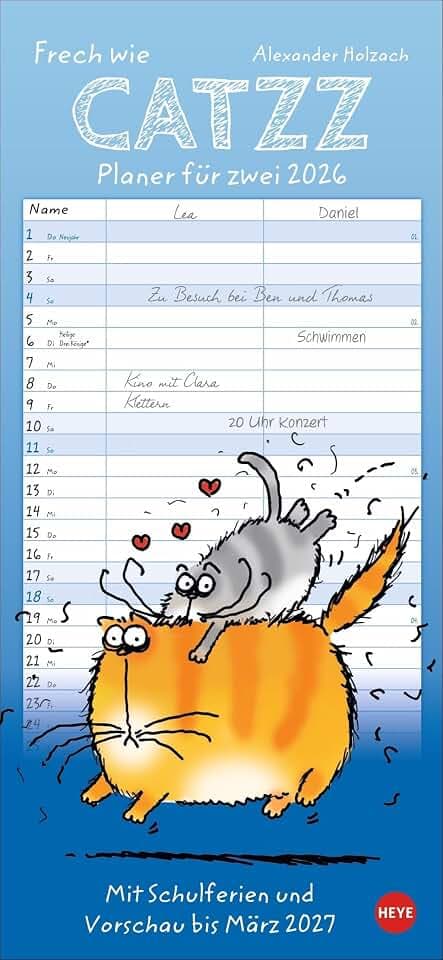 Catzz Planer für zwei 2026: Lustiger Wandplaner für zwei. Partnerkalender mit 2 Spalten. Terminkalender mit witzigen Cartoon-Katzen. Wandkalender für 2 Personen. (Familienplaner Heye)