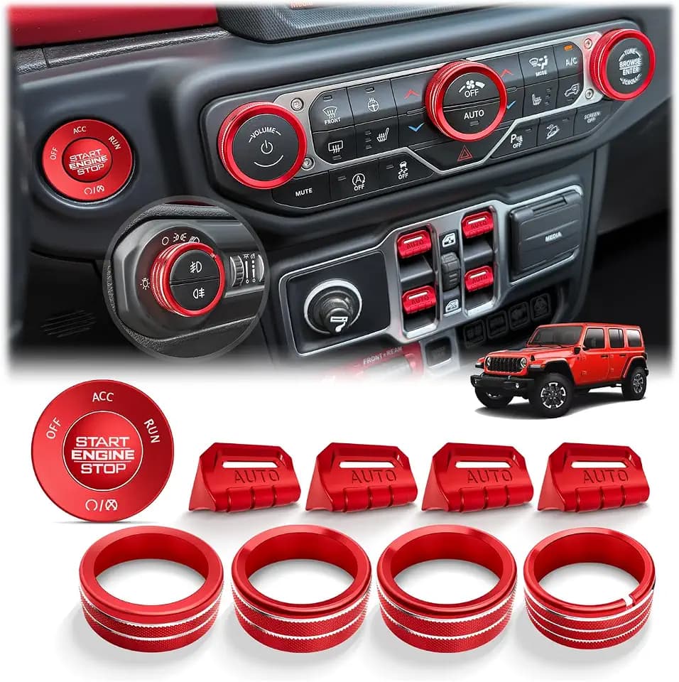 for 2018-2026 Jeep Wrangler JL JLU & 2020-2026 Gladiator JT Accessories, 10PCS Aluminum Knob & Button Cover Set for Power Window Switch, Push Start, AC, Volume & Headlight, Red