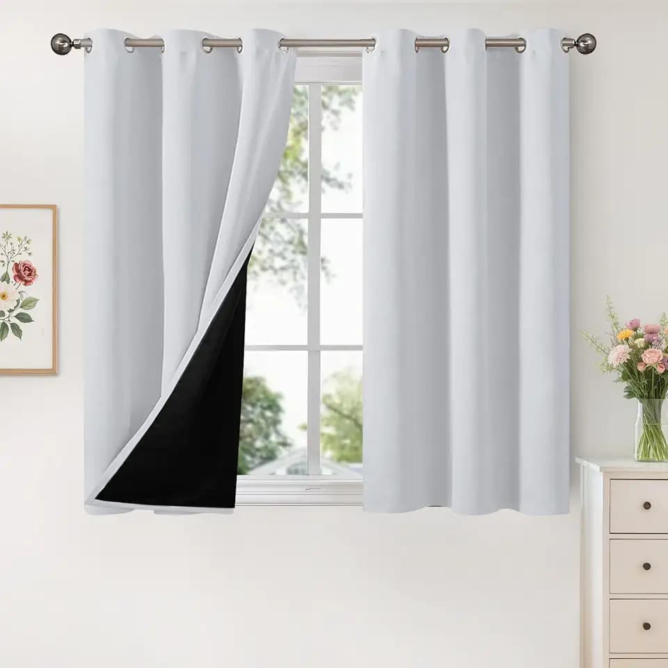 YoungsTex Short 100% Blackout Curtains 48 Inches Length for Window, Bedroom Drapes Thermal Insulated with Grommet Double Layer Energy Saving for Living Room, Greyish White, 2 Panels, 42 X 48 Inch