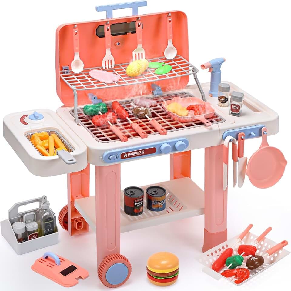 cute stone BBQ-Grillspielzeug für Kinder mit farbwechselndem Essen, kühlem Sprühnebel, brutzelnden Geräuschen & Lichtern – Rollbares Outdoor-Küchenset mit Pfanne für fantasievolles Spielen