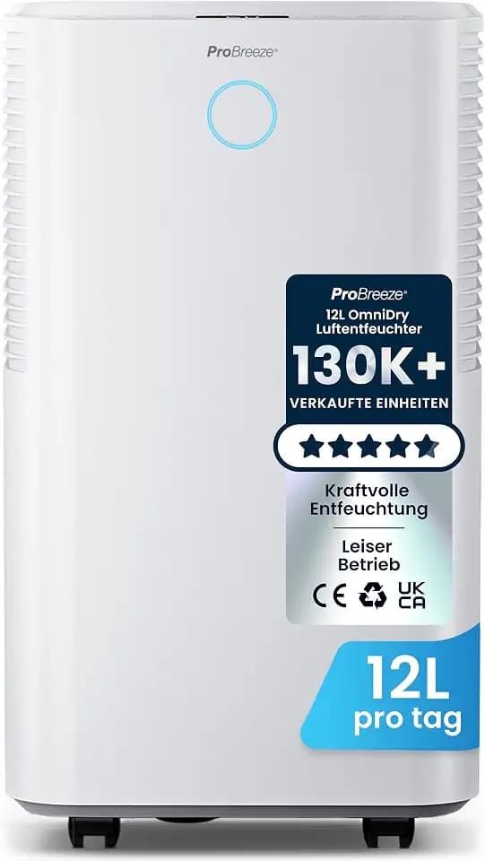 Pro Breeze OmniDry Luftentfeuchter 12L/24h Entfeuchtungsleistung - Luftentfeuchter elektrisch, Feuchtigkeitssensor, Ablaufschlauch, Digitalanzeige, Schlafmodus, Timer - Gegen Feuchtigkeit, Schimmel