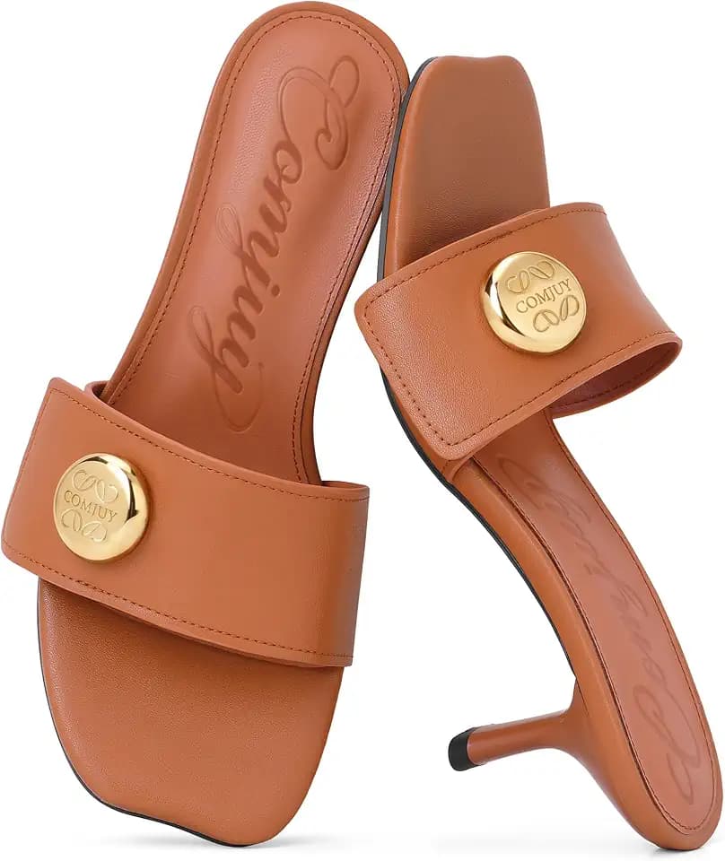 Womens Kitten Heel Sandals Metal Button Slip On Square Open Toe Shoes
