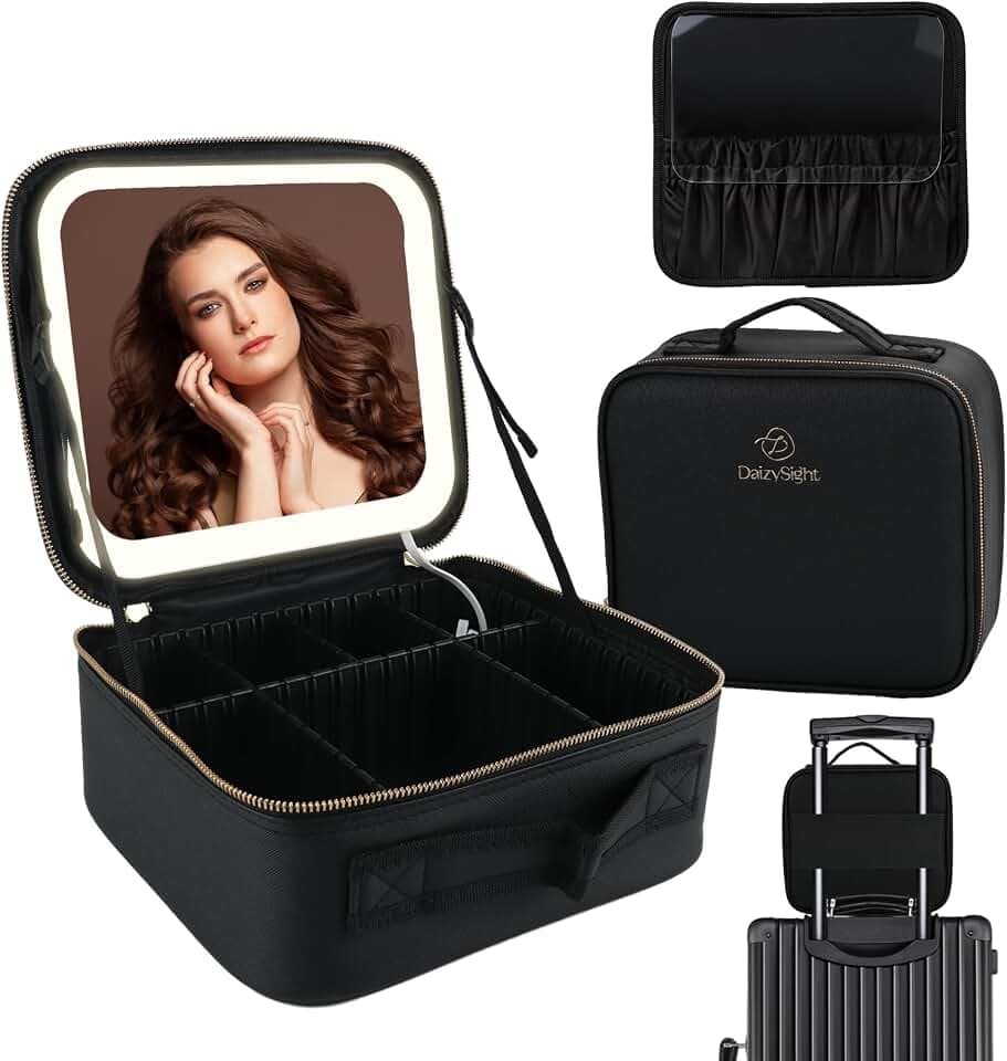 Kosmetiktasche mit Spiegel LED Beleuchtung Licht für Reisen | Make-up Koffer Verstauen für Reisen, Kosmetikkoffer Tasche Damen, Schminkkoffer Geschenk für Frau | Schwarz | Mittelgroße