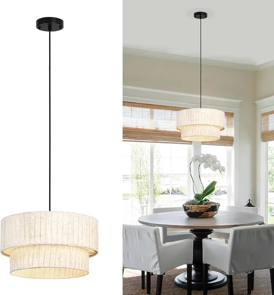 16 Inch Modern Farmhouse Chandelier – Layered Linen Strips Hanging Pendant Light, Dimmable Rustic Lighting Fixture for Dining Room, Kitchen Island, Living Room, Entryway, Foyer