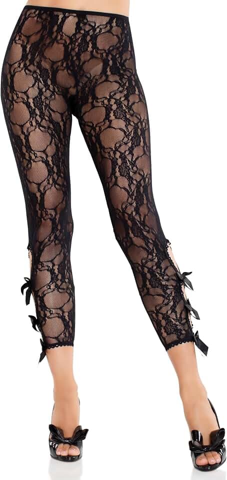 Leg Avenue Women's Scalloped Trimmed Floral Lace Footless Capri Tights With Keyhole Bow Detail