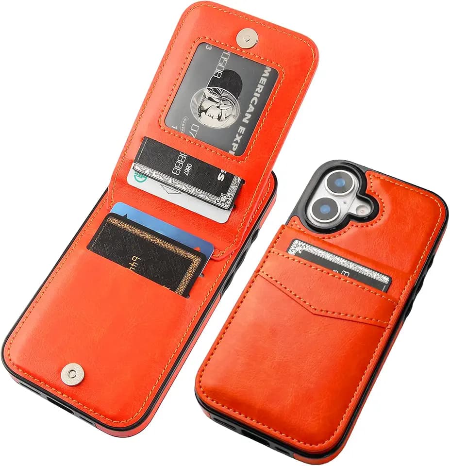 KIHUWEY for iPhone 17 Wallet Case Card Holder Kickstand, Orange