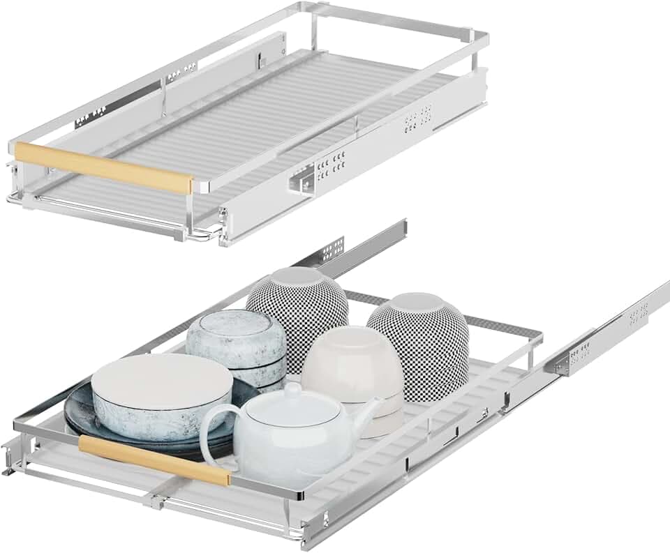 IPEGTOP 2er-Set Ausziehbare Schubladenregale Edelstahl [31-46 cm B x 57 cm T] | 45 kg Tragkraft | Für Küchenschränke, Vorratskammer, Spülenunterschränke & enge Hochschränke