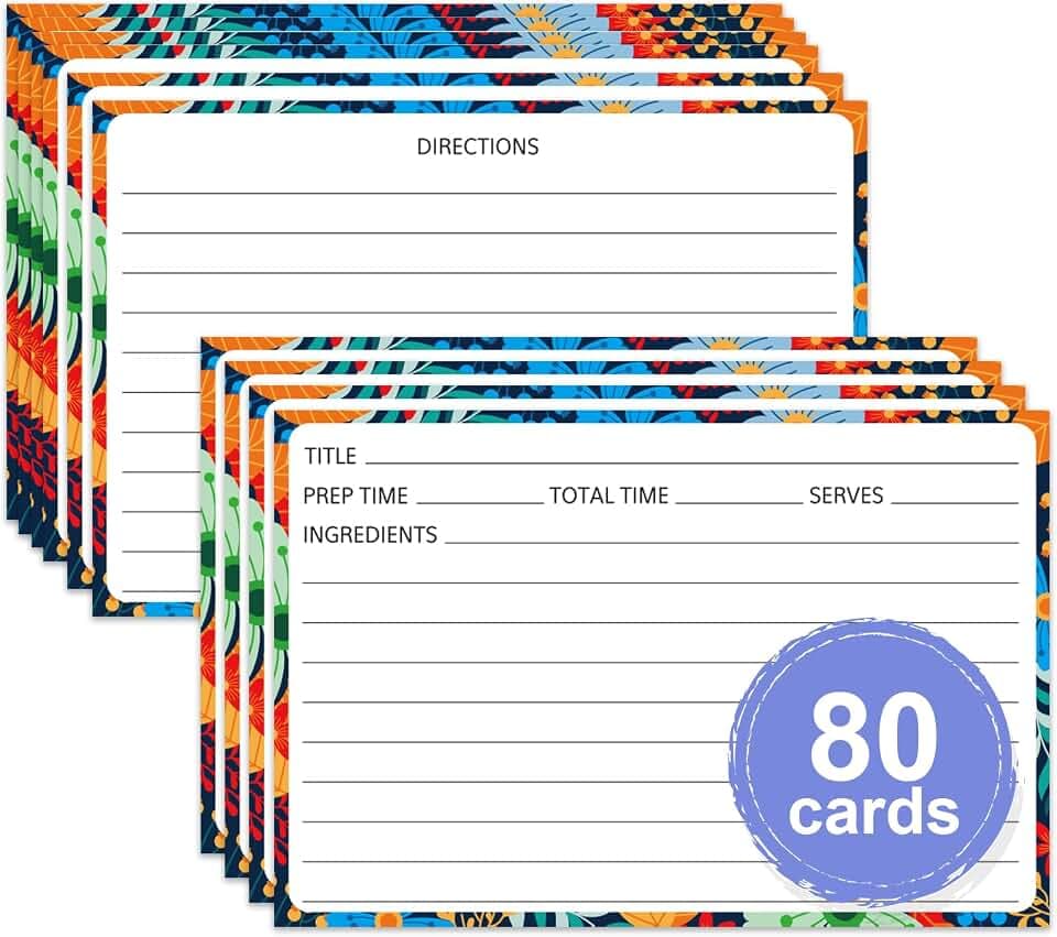 80 Pack 4 x 6 inch Recipe Cards, Cooking Recipe Cards for Recipe Binder, Double-sided Recipe Cards with Lines for Weddings, Bridal Shower, Christmas Gifts Blue Watercolor Flowers Design