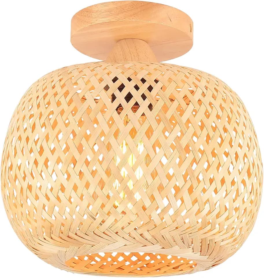 Deckenleuchte Bambus Weben Kronleuchter Rattan Boho Style Bambus Lampenschirm Vintage Deckenlampe Deko Deckenleuchte für Restaurant Wohnzimmer Küche, Ø25cm