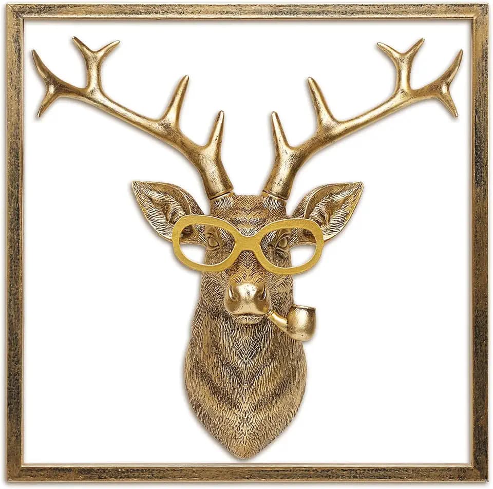Newinhome Animal Heads Wall Decor (Includes Metal Frame) Resin Animals Sculptures Head Wall Hanging Decoration Gold vintage Wall Sculpture for Living Room Bedroom Office(Deer)
