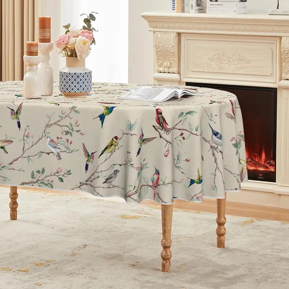 Horaldaily Spring Tablecloth 60 x 84 Inch Oval Birds Branch Beige Floral