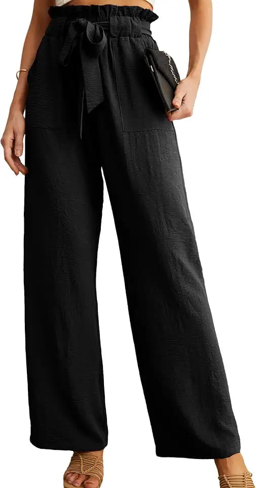 IWOLLENCE Women High Waist Palazzo Pants, Adjustable Knot Ankle Wide Leg Trousers Pockets Beach Vacation Lounge Office