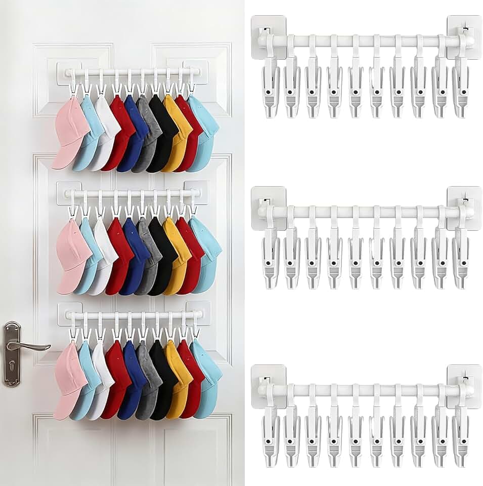 Knitted Hat Holder Organizer for Door Wall Mounted with Adhesive 30 Movable Clips Set of 3 Pack for Storing Baseball Caps Beanie Display for Closet Bedroom