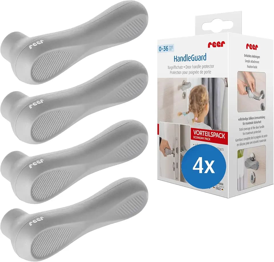 Reer HandleGuard Türgriffschutz, Türklinkenpuffer, Silikon, 4 Stück, Grau | Weiche Vollummantelung für Griffe bis 2 cm Durchmesser und 13 cm Länge, schützt vor Stößen und bewahrt Wände sowie Möbel