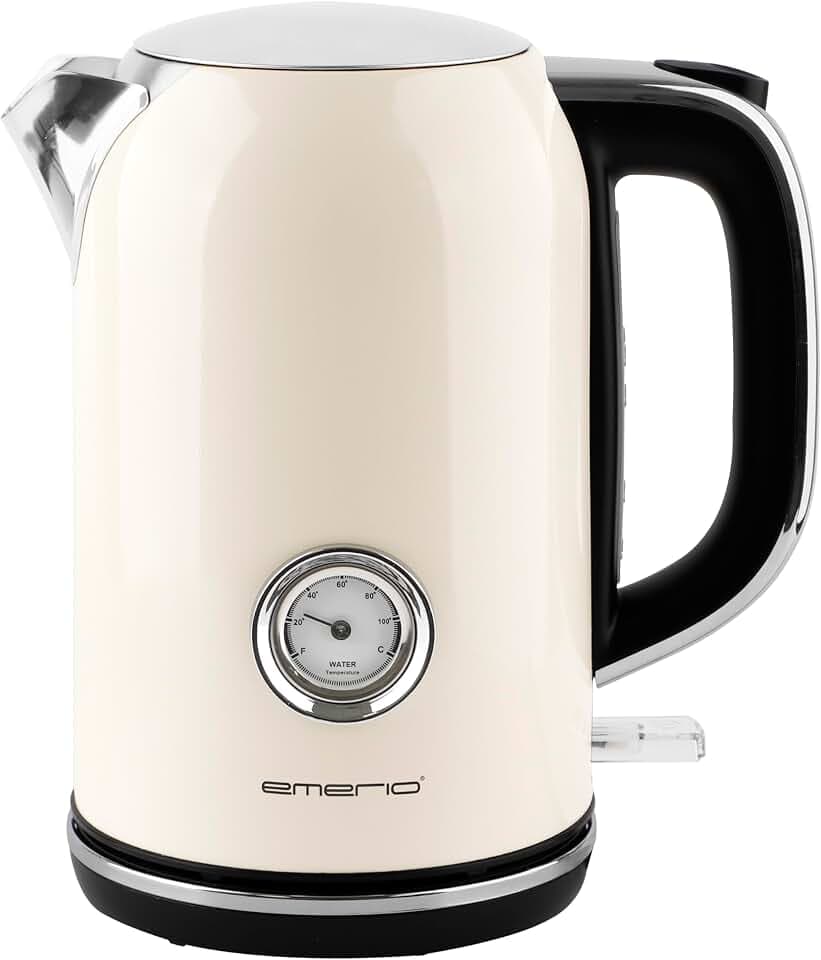 EMERIO Wasserkocher Retro Style | 2200 Watt | 1.7 Liter | Edelstahlgehäuse | Wasserstandsanzeige | Wassertemperaturanzeige | Kalkfilter | automatische Abschaltung | 360° Basis | kabellos | WK-133282.1