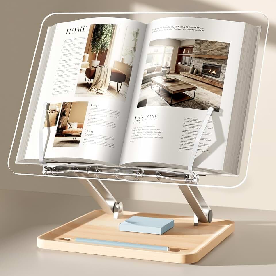 Acrylic Book Stand with Storage Base, Dual Aluminum Arm Reading Holder
