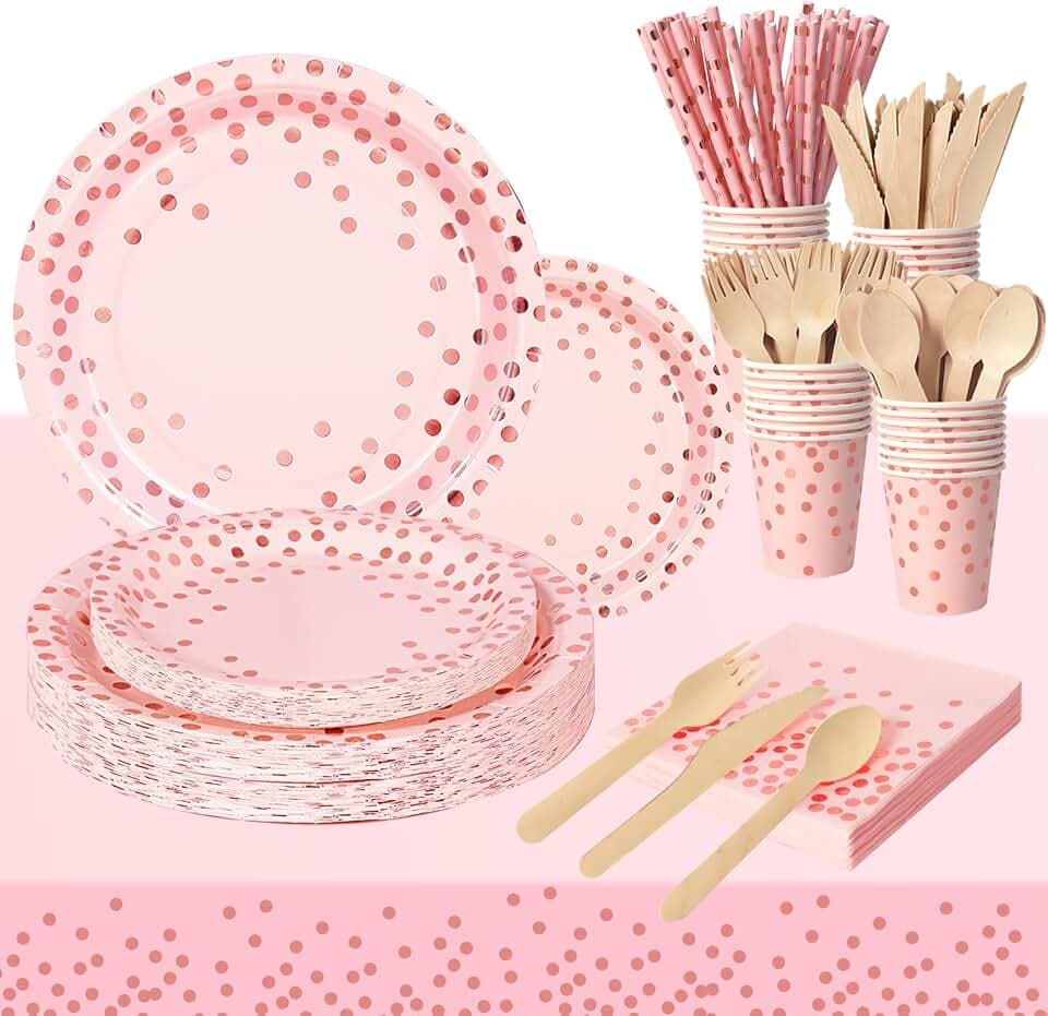 Nkaiso 193 Stück Rose gold Pappteller Partygeschirr Set -24 Gäste