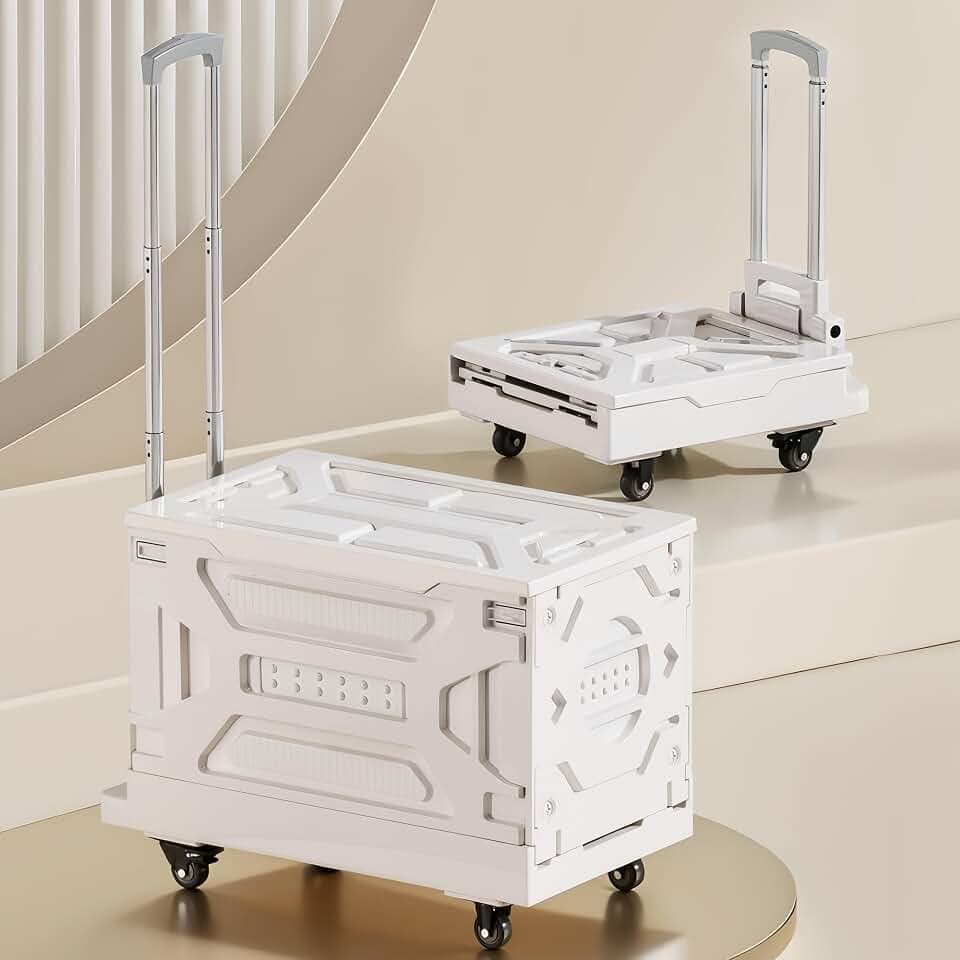 VECELO 88L Heavy-Duty 2-in-1 Foldable Utility Cart, Large Capacity Rolling Crate, Thickened Material with Silent Swivel Wheels, Dual Modes (Basket/Flatbed) for Grocery, Laundry, Camping,Pearl White