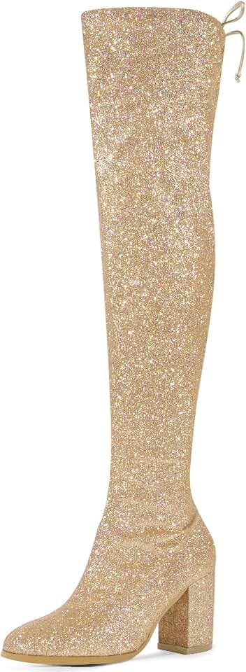 Allegra K Damen Glitzerstiefel mit rundem Zehenbereich, klobiger Absatz, Overknee-Stiefel