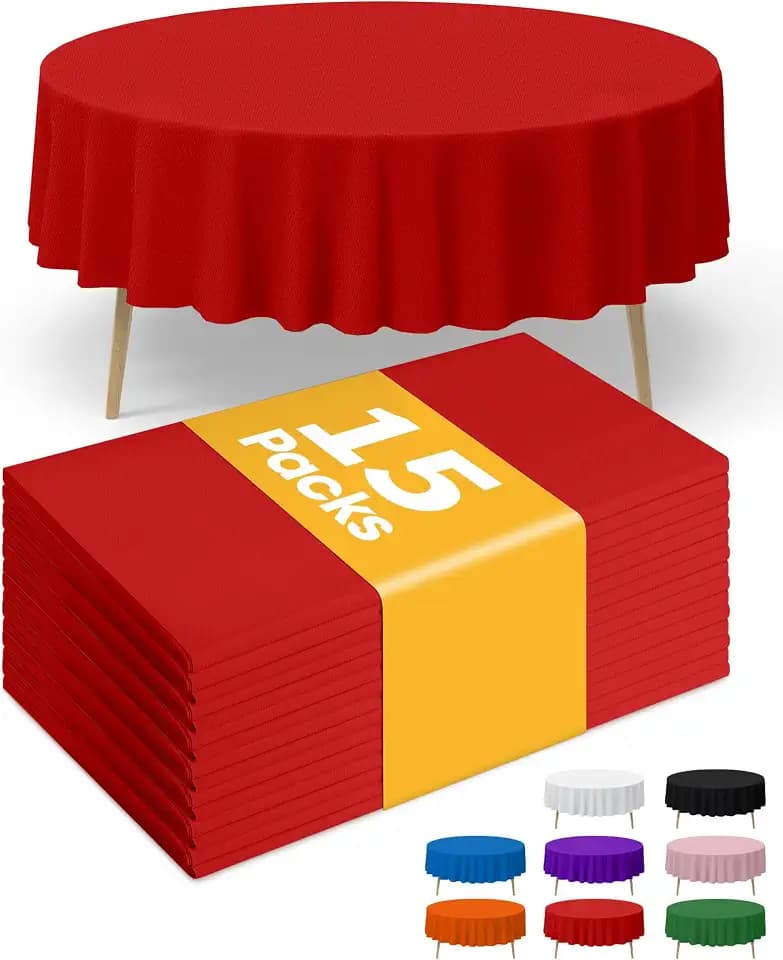 Niuara Red Plastic Table Cloth Round Table 15 Pack, 84'' Tablecloth for Round Tables, Table Cloth for Disposable Use, Table Cover for Holiday Party, Gathering