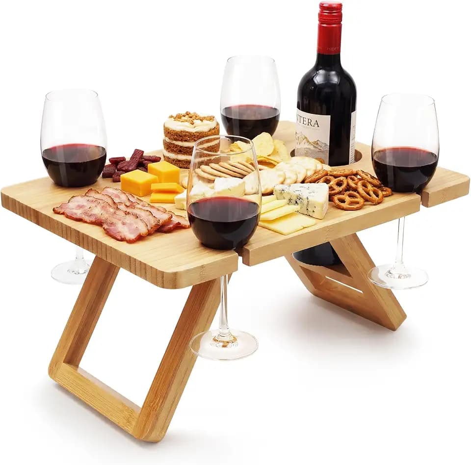 Bamboo Wine Picnic Table, Foldable Portable Charcuterie Tray with Bottle Slot and 4 Glass Holders, 15.6 x 11.7 x 7.5 in, for Beach, Park, Camping