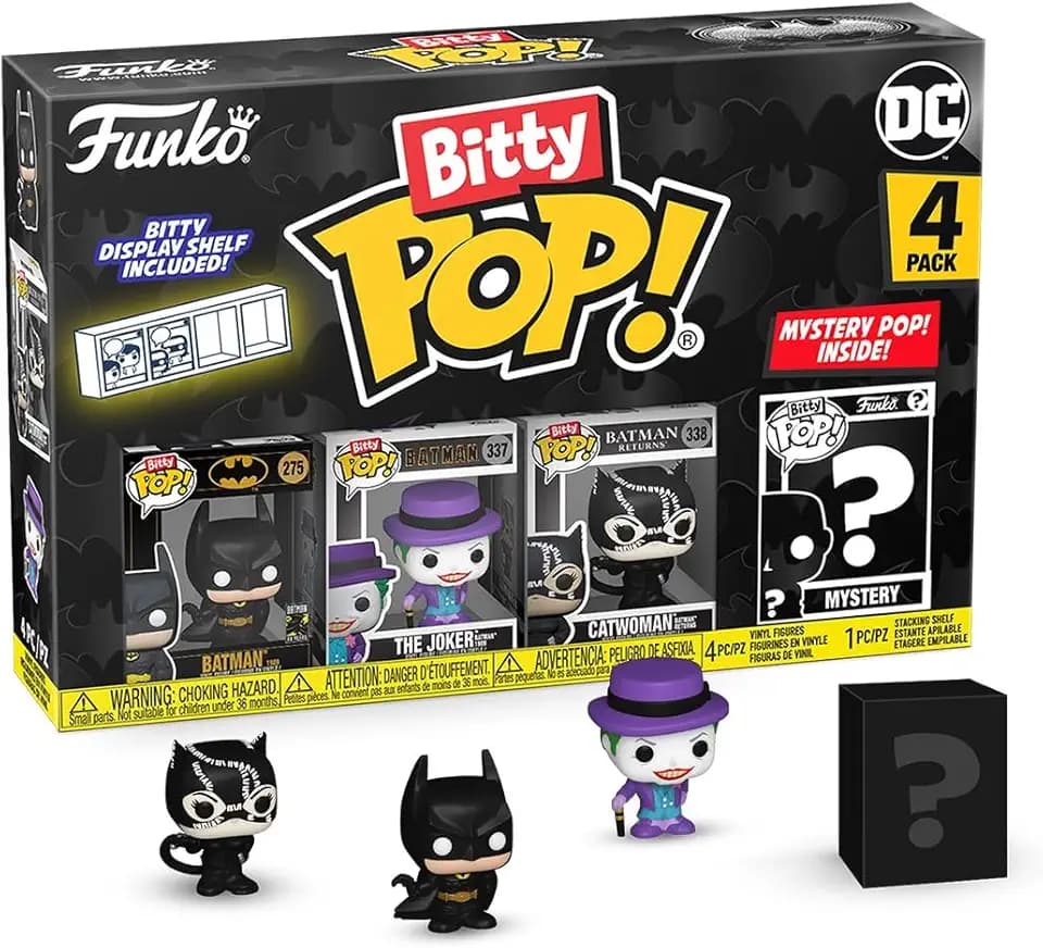 Funko Bitty Pop! Batman 85th - Batman 4PK und eine Überraschungs-Mini-Figur - 0.9 Inch (2.2 cm) - DC Comics Sammlerstück Stapelbares Display-Regal Inklusive - Geschenkidee Party-Tüten-Strumpf