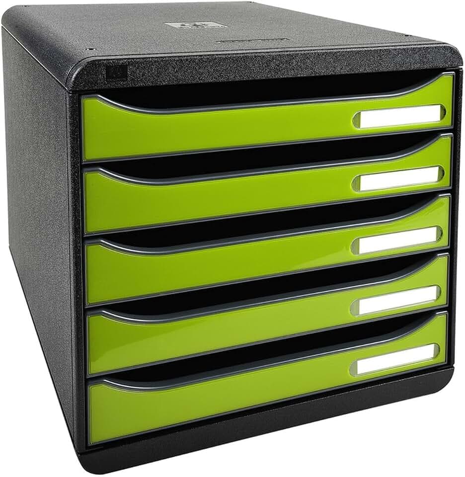 Exacompta 3097225D Premium Ablagebox mit 5 Schubladen für DIN A4+ Dokumente. Stapelbare Schubladenbox mit hoher Kapazität für mehr Platz auf dem Schreibtisch Big Box Iderama Schwarz|Anisgrün