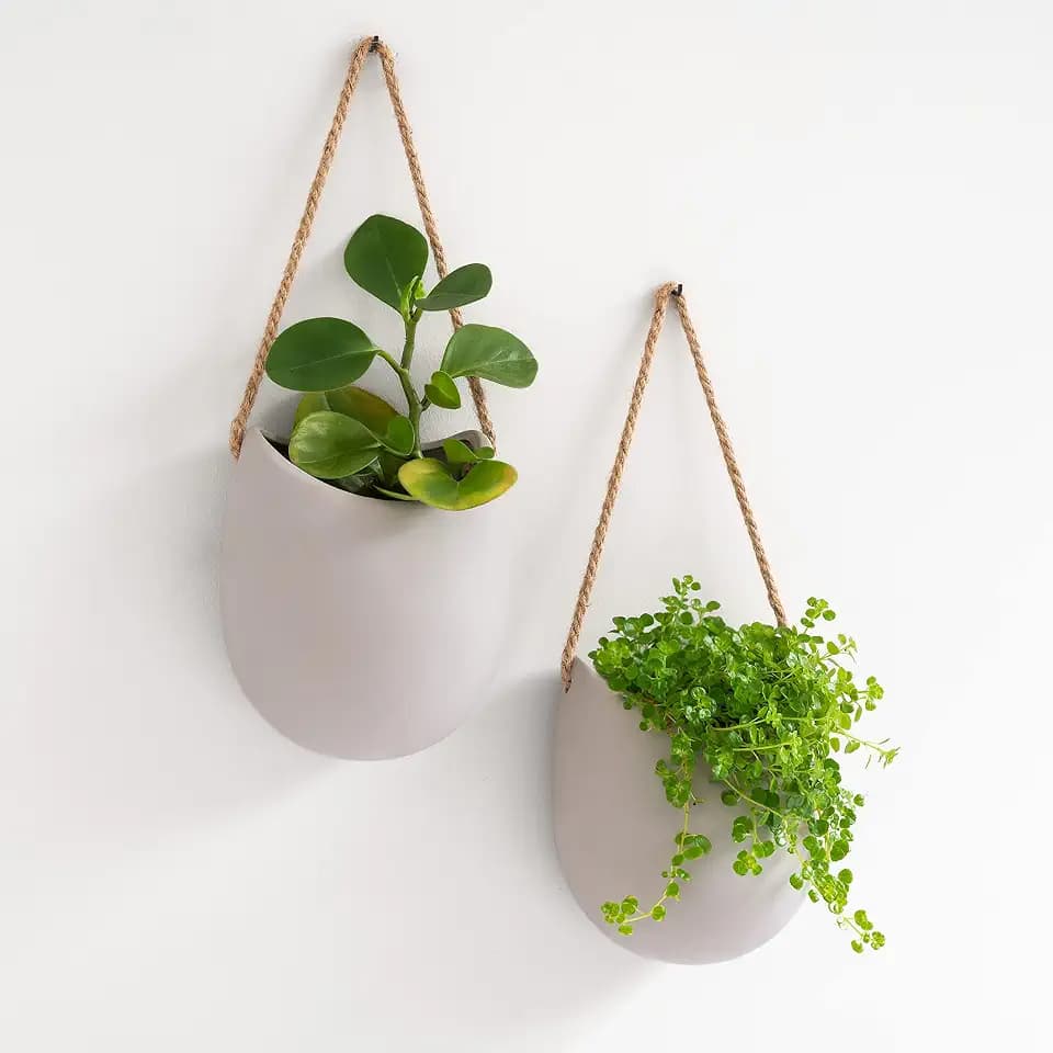 Kazai. Wandvasen -Ellie- | Hängende Keramik-Blumentöpfe 2-teilig | Wand-Deko für Zimmer, Balkon und Garten | Hellgrau (matt)