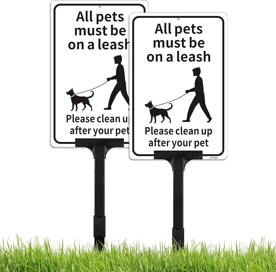 2 Pack All Pets Must Be on A Leash Sign with Adjustable Height Stake Set