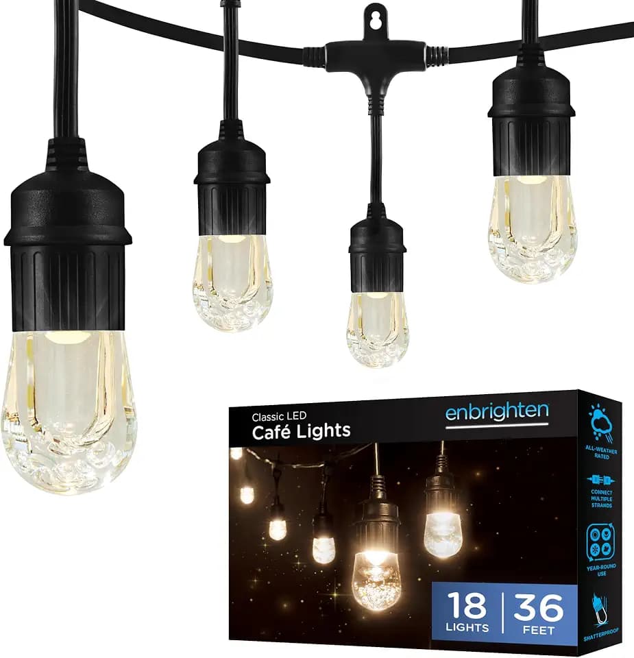 Enbrighten Classic Outdoor String Lights, 36ft, 18 Bulbs, White Light Only