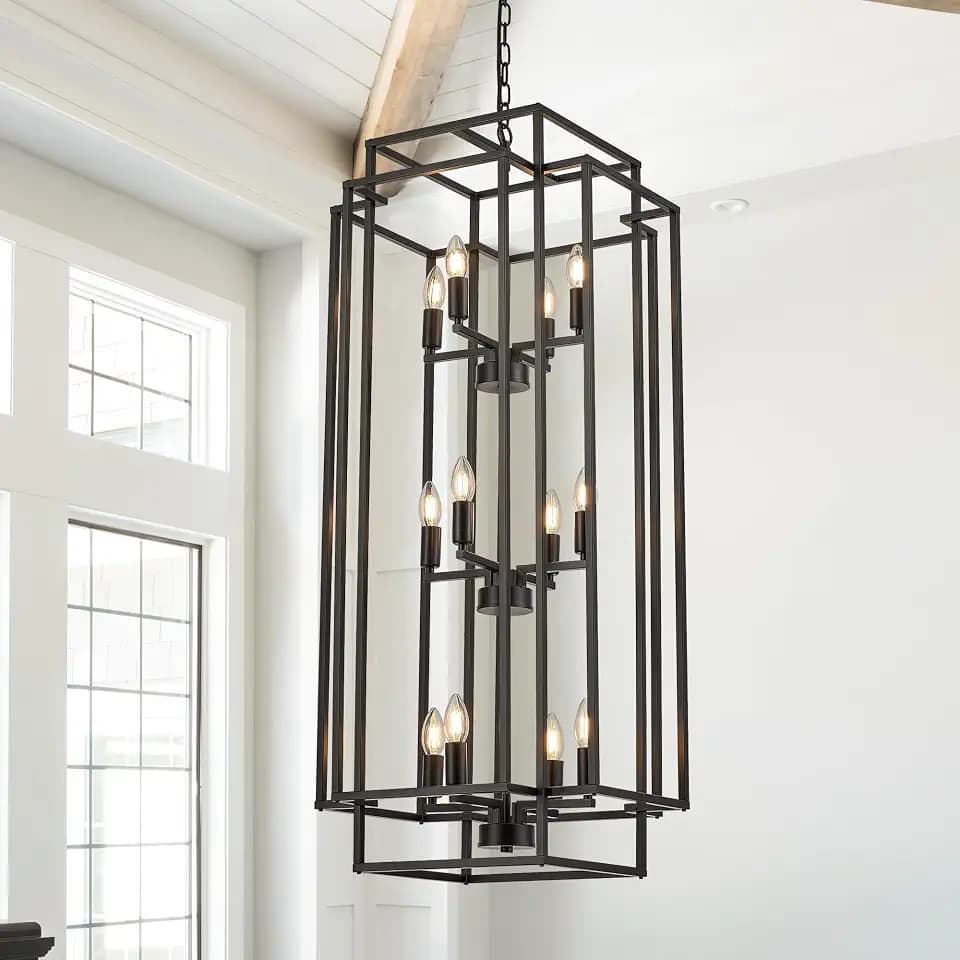 12-Light Lantern Tiered Pendant Light Fixtures, Black Metal Farmhouse Chandelier Hall Foyer Hanging Chandelier for Kitchen Island Dining Room Living Room Foyer Entryway, Black