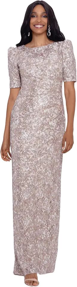 Xscape Women's Xscape Women's Floor-Length, Short-Sleeve, Round-Neck, with Embellished Silhouette (Reg and Petite)