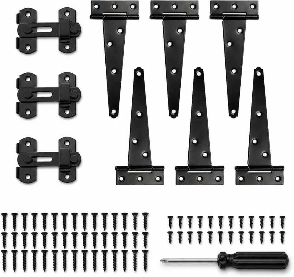 6 Stück T-Türscharniere & 3 Türriegel - Set für Gartentore & Holztüren