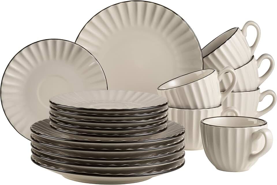 MÄSER 931968 Serie Osita, Retro Kaffeeservice für 6 Personen in cremigem Weiß mit schöner Wellenform, 18-teiliges rundes Kaffeegeschirr Set mit Kaffeetassen, Untertassen und Dessertteller, Steinzeug