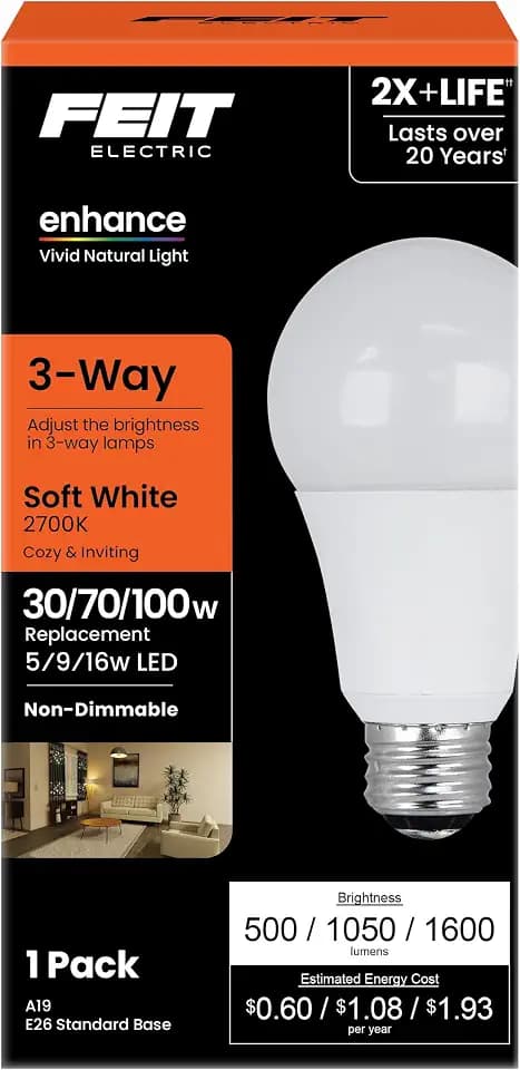 Feit Electric A19 LED Light Bulb, 3-Way Adjustable Wattage 30/70/100W Equivalent, E26 Base, Non-Dimmable, 1600 Lumen, 2700K Soft White, General Home Lighting, 25,000-Hour Lifetime, A30/100/927CA