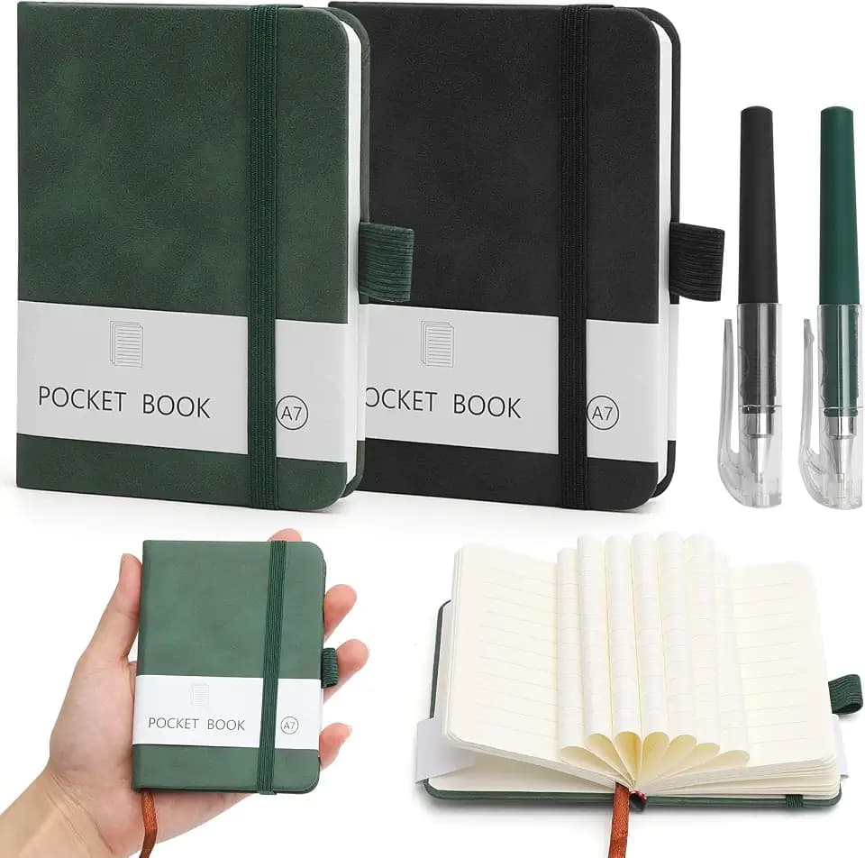 2 Stück Notizbuch Klein, Notizbücher, Hardcover A7 Notizblock Klein mit 200 Seiten, kleines Notizbuch, notizblock klein mit Elastischem Verschlussban mit Stift