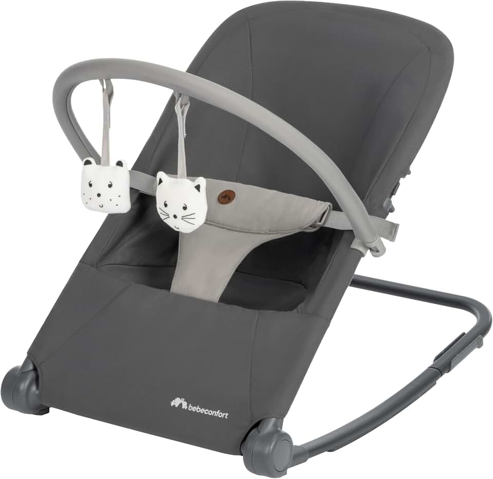 Bebeconfort Aster, Babywippe, 0–2 Jahre, Leichtgewicht (2,7 kg), ultra-kompakt zusammenklappbar, verstellbare Rückenlehne, Polsterkissen, abnehmbarer Spielbogen, 3-Punkt-Gurt, Tinted Graphite
