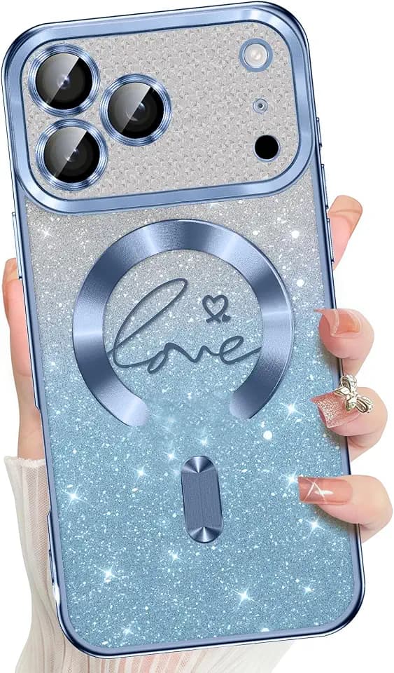 Misscase Magnetic Glitter Case for iPhone 17 Pro Max/iPhone 18 Pro Max,Love Hearts Plating Phone Case Compatible with MagSafe,Built-in Camera Lens Protector,Protection Phone Cover for Women-Blue