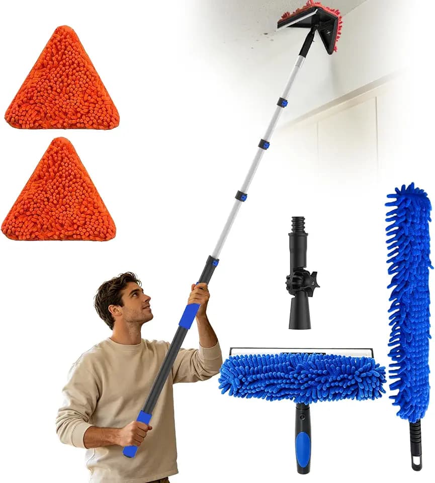 AgiiMan 12FT Reach Duster Cleaner Kit with 1.1-4.4FT Extension Pole, Window Squeegee and Duster Kit, Triangle Baseboard Cleaner Tool for Windows, Glass , Flooring and Walls