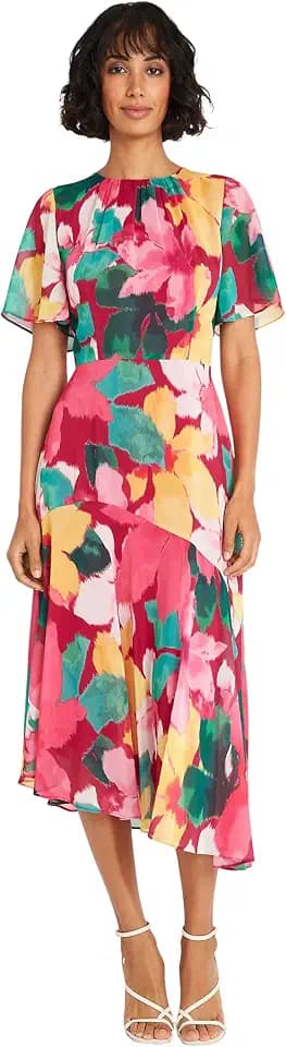 Maggy London Women's Maggy London Women's Dresses Short Flutter Sleeve Fit and Flare Dress with Asymmetric Hem Tier